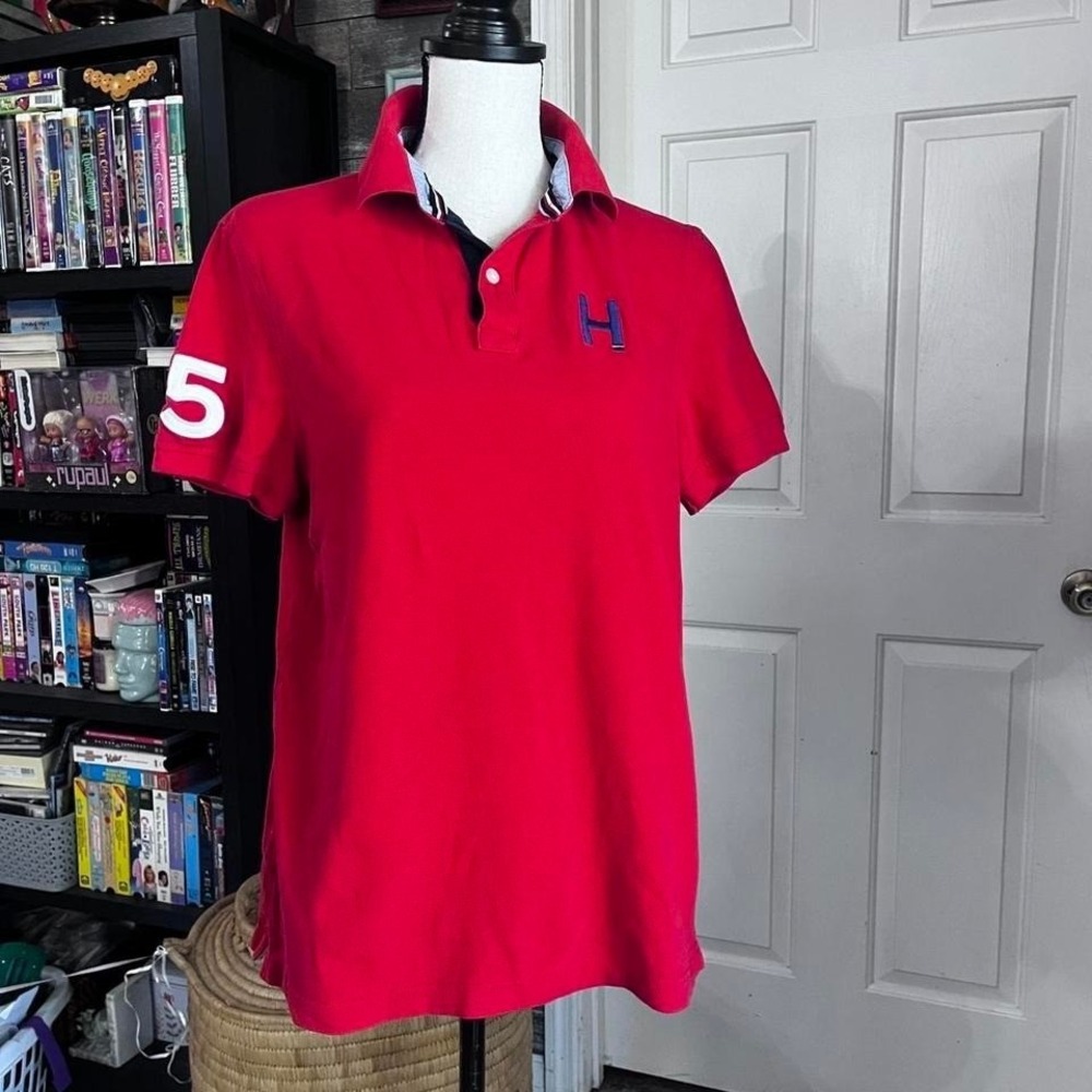 Red Tommy Hilfiger embroidered polo shirt MED custom fit
